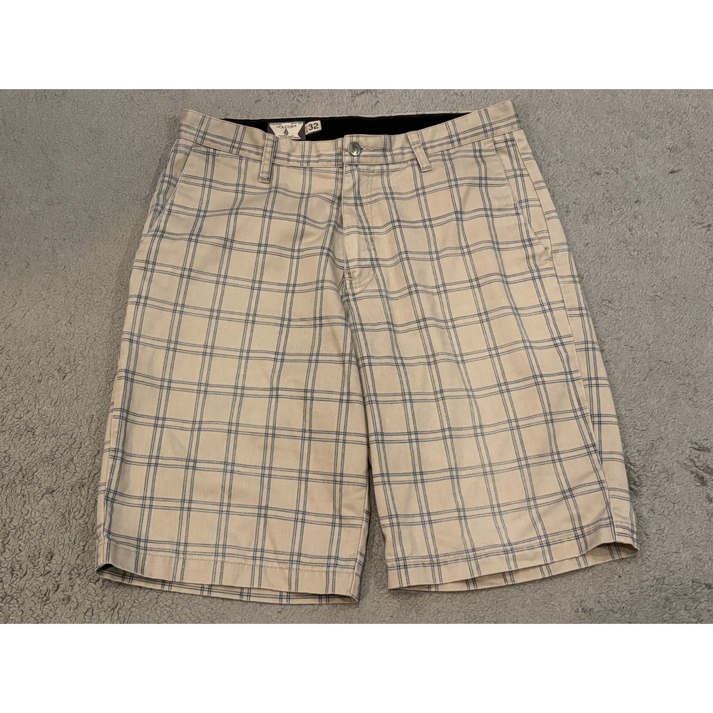 Volcom Mens Frickin Plaid Chino Shorts Tan Blue Size 32 A0911119